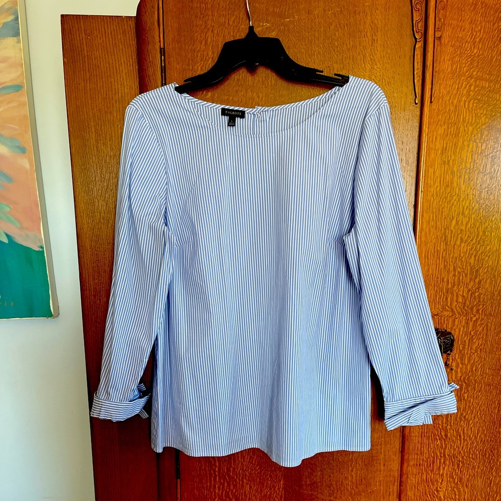 Talbots navy and white striped blouse with cute sleeve detail.